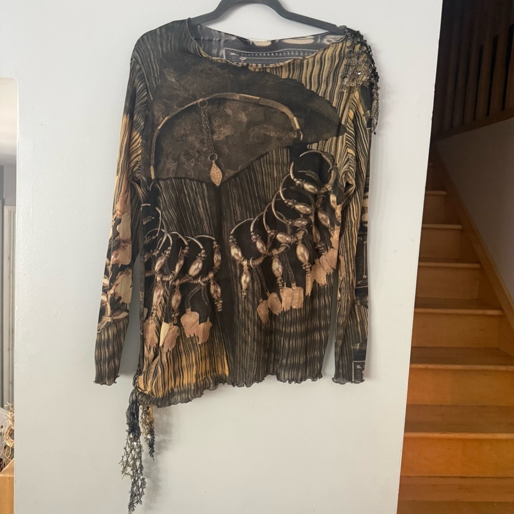 🇨🇦 Linda Lundstrom Artistic Dark Boho Mesh  Long Sleeve Top with Beaded Fringe